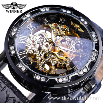 Top Brand Winner Fashion Golden Retro Watch Mens Mechanical Skeleton Diamond Display Luxury Wrist Watch Clock Relogio Masculin